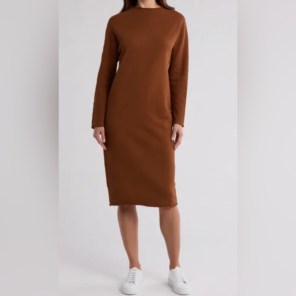 Frank & Eileen Long-Sleeve Crewneck Midi Dress In Warm Brown